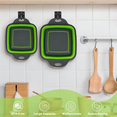 Vista 6 de AUAUY Juego de 2 coladores plegables, colador plegable cuadrado de silicona con asas de plástico, colador de cocina ecológico con agujeros grandes