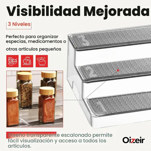Vista 4 de Oizeir Estante organizador de especias expandible – 3 niveles – Estante transparente ajustable para organización de especias para armario de cocina