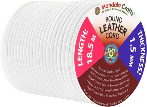 Vista 159 de Mandala Crafts Cordón Redondo de Cuero de Piel de Vaca Genuino Beige para Fabricación de Joyas Kumihimo Carrete de Cuerda de Cuero - Cordón