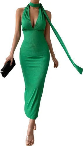 Vista 4 de Floerns Vestido ajustado de fiesta con dobladillo dividido fruncido sin mangas y cuello drapeado para mujer
