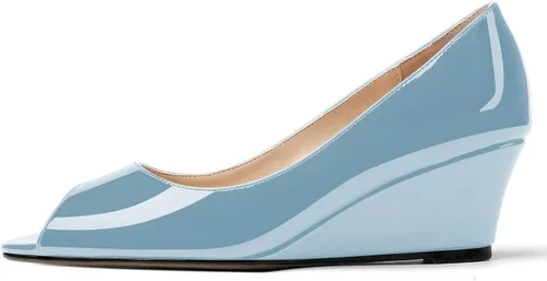 Vista 2 de WAYDERNS Zapatos de tacón bajo con cuña de charol y puntera abierta para mujer de 2 pulgadas