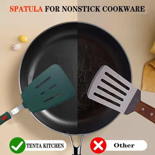 Vista 7 de Juego de 2 espátulas de silicona para utensilios de cocina antiadherentes, espátulas redondas de ángulo ranurado para panqueques de 600 °F