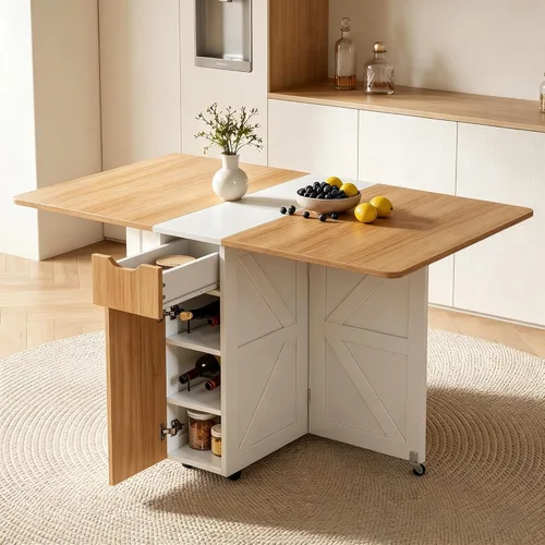 Vista 9 de Mesa de comedor plegable con cajón y estantes de almacenamiento, mesa de comedor plegable de 53" que ahorra espacio con 6 ruedas, mesa de hoja