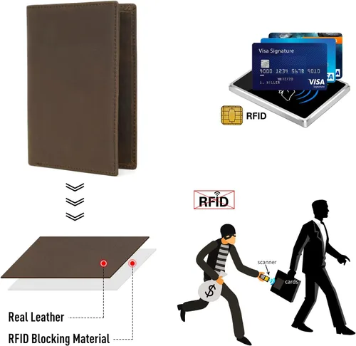 Vista 5 de Polare - Cartera plegable de cuero con bloqueo RFID para pasaporte y viaje para hombres Marrón oscuro Cartera de bloqueo RFID
