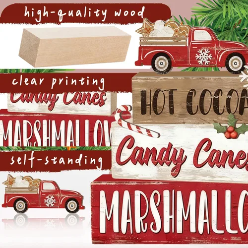 Vista 3 de 4 piezas de decoraciones navideñas para interiores - Decoración de mesa de camión de madera para el hogar - Centro de mesa navideño para la mesa