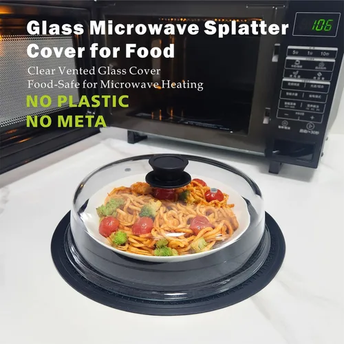 Vista 5 de Microwave Splatter Cover Glass Microwave Cover for Food with Easy Grip Silicone Knob and Ceramic Screws, Dual Vents and Honeycomb Silicone Pad, 10