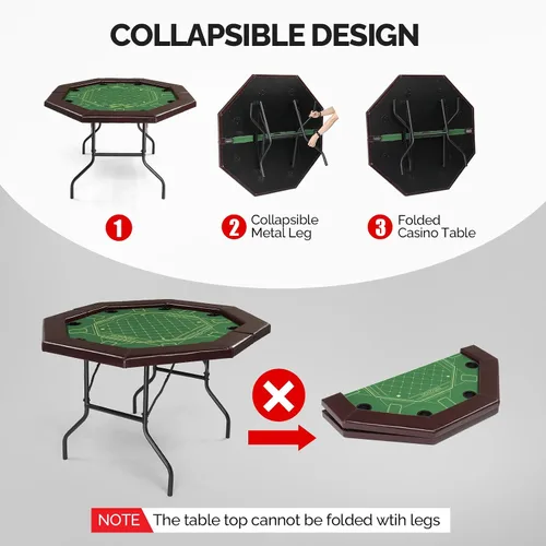 Vista 6 de PEXMOR Mesa de póquer plegable, mesa de blackjack Texas Holdem plegable octogonal para 8 jugadores con fieltro de grado casino, riel acolchado