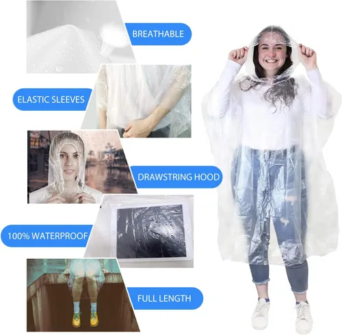 Vista 4 de Ponchos de lluvia desechables para adultos, plástico impermeable y capucha con cordón, transparente