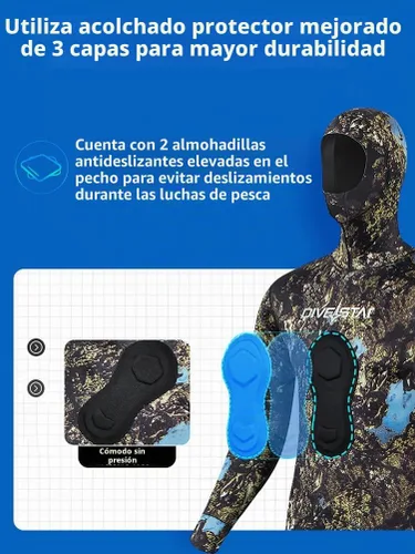 Vista 4 de Traje de neopreno de pesca submarina de 0.059 pulgadas con capucha, 2 piezas de camuflaje para caza de buceo, para buceo en agua fría