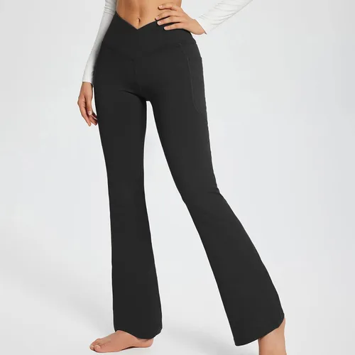 Vista 4 de LAWOR Pantalones de yoga para mujer, cintura alta, elásticos, acampanados, con control de abdomen, pantalones de entrenamiento, pantalones activos