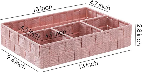 Vista 6 de Cesta decorativa dividida con correa tejida, cubos de almacenamiento de baño con compartimento, contenedor de organización de dormitorio con 4 Rosa