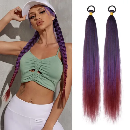 Vista 34 de Paquete de 2 extensiones de cola de caballo trenzada con lazo elástico, lacio, elegante envolvente, extensiones de cola de caballo de 26 pulgadas