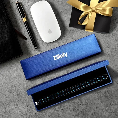 Vista 6 de Zillaly Pulsera de diamantes de eslabones cuadrados de acero inoxidable de dos tonos para hombre en negro y azul chapado en iones negro