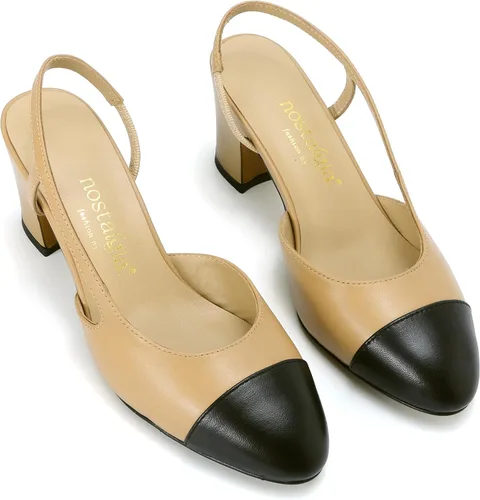 Vista 6 de nostalgiafashionny Eleutheria - Sandalias de piel de cordero auténtica para mujer, dos tonos, puntera cerrada, tacón grueso, correa al tobillo