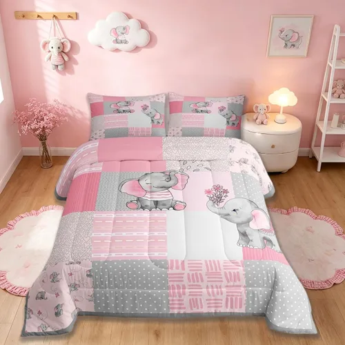 Vista 10 de Lindo juego de edredón de elefante, tamaño individual, juego de ropa de cama de dibujos animados Kawaii con flores de animales para niños y hombres