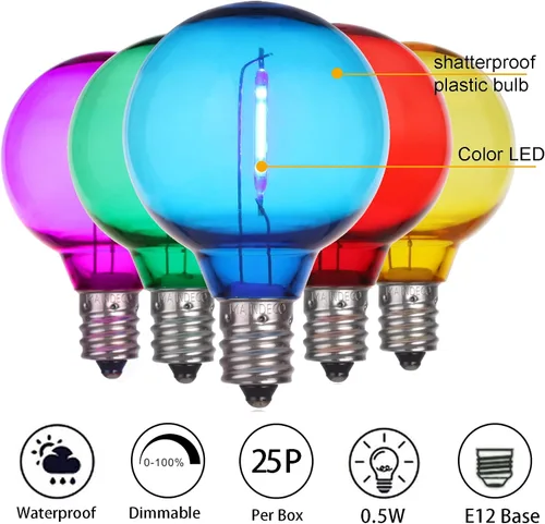 Vista 2 de Paquete de 25 bombillas LED G40 de repuesto, 120 V 0.5 W, base E12, para tira de luces al aire libre, multicolor