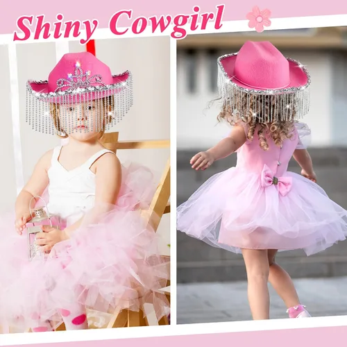 Vista 4 de Light up Pink Cowgirl Hat for Girls Rhinestone Cowboy Hat Cowgirl Party Decorations Diamond Fringe Hat Child