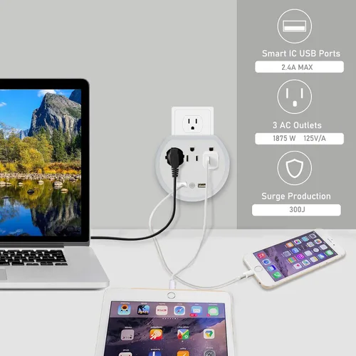 Vista 2 de Paquete de 2 extensores de toma de corriente de pared con sensor automático, luz nocturna LED, 3 tomas de corriente, 2 puertos USB, protector
