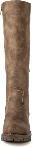 Vista 4 de GLOBALWIN Botas altas de motocicleta con tiras para mujer, botas de equitación de pantorrilla ancha con cordones en la parte trasera para otoño e