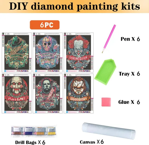 Vista 2 de Paquete de 6 pinturas de diamantes de Halloween para adultos, kits de arte de diamantes de terror 5D para adultos, puntos de diamante de perforación