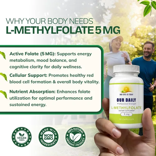 Vista 5 de Our Daily Vites, L Metilfolato 5 mg – Suplemento activo de folato metilado 5-MTHF para mujeres y hombres – Folato de metilo para la salud cerebral