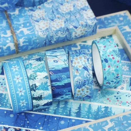 Vista 5 de YUBBAEX - Juego de 10 rollos de cinta Washi Four Seasons, cinta adhesiva decorativa de copos de nieve azules (Invierno)