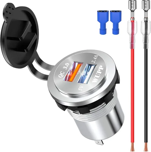 Vista 7 de BlueFire Cargador USB 3.0 de carga rápida de aleación de aluminio mejorada, enchufe de cargador USB IP66, impermeable, doble toma de corriente USB