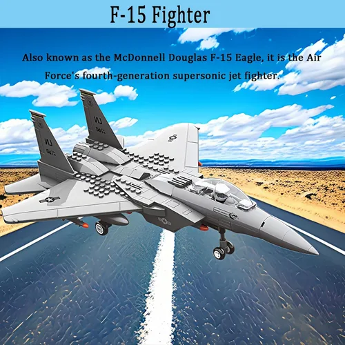 Vista 2 de Avión de combate F-15 Eagle militar compatible con Lego, avión de juguete de 270 piezas para niños de 10 años en adelante y adultos, juguetes