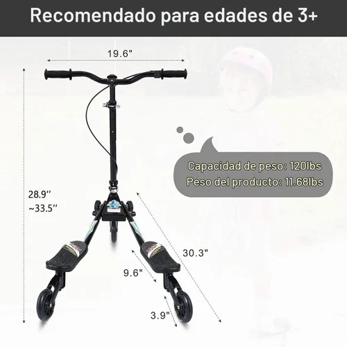 Vista 4 de Swing Scooter for Kids, 3 Wheels Foldable Wiggle Kick Scooter Push Drifting with 4 Adjustable Handlebar & 2 Rear LED Wheel for Boys and Girls Ages