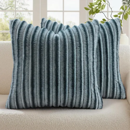 Vista 53 de decorUhome Fundas de almohada de piel sintética, juego de 2, decorativas, afelpadas, suaves, afelpadas, a rayas, parte posterior de terciopelo