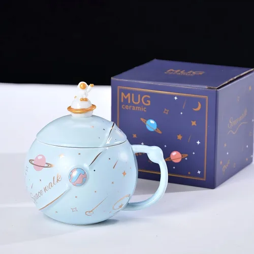 Vista 9 de Taza espacial de cerámica de 13 onzas con tapa y cuchara, taza de café Azul profundo