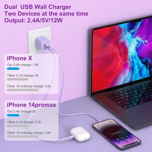 Vista 6 de iGENJUN Paquete de 5 cargadores para iPhone [certificado MFi], adaptador de bloque de cargador de pared USB de doble puerto con cable Lightning de 6