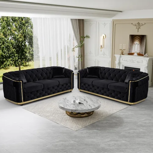 Vista 9 de Sofá Chesterfield de terciopelo de 62.5 pulgadas con respaldo copetudo y detalles dorados, beige Blanco
