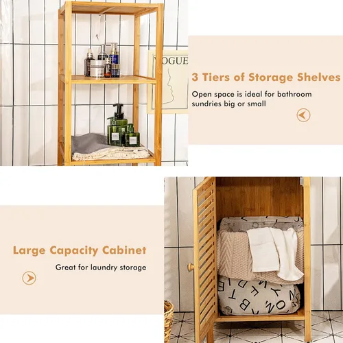 Vista 6 de LOKO Gabinete alto de bambú, gabinete de almacenamiento estrecho para baño con estantes de 3 niveles y puerta de obturador, gabinete de torre