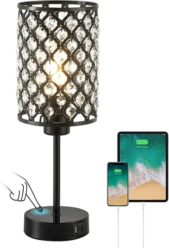Vista 18 de Lámpara de mesa de cristal, lámpara táctil púrpura con puerto USB C+A Púrpura-1