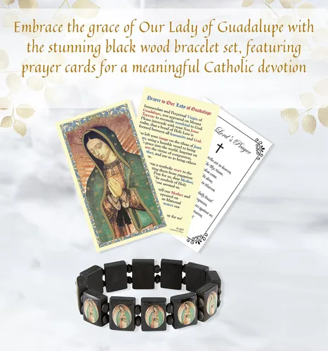 Vista 2 de Pulsera Virgen María con tarjeta de oración de Nuestra Señora de Guadalupe Pulsera de madera negra Nuestra Señora de Guadalupe con tarjetas