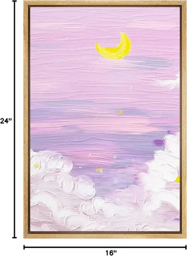 Vista 6 de SIGNFORD Lienzo enmarcado para pared, acuarela pastel, morado, luna, cielo, naturaleza, ilustraciones de área silvestre, arte moderno, vibrante