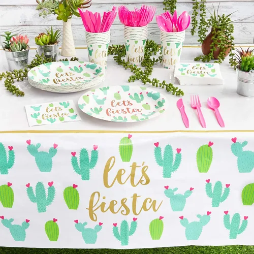 Vista 5 de Sparkle and Bash Fiesta - Platos de postre – Paquete de 48 unidades, 9 pulgadas, patrón de cactus multicolor – Platos de cactus de papel desechables