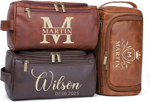 Vista 8 de Bolsa de artículos de aseo personalizada para hombres, kit de viaje de cuero con monograma personalizado para hombres, organizador de artículos