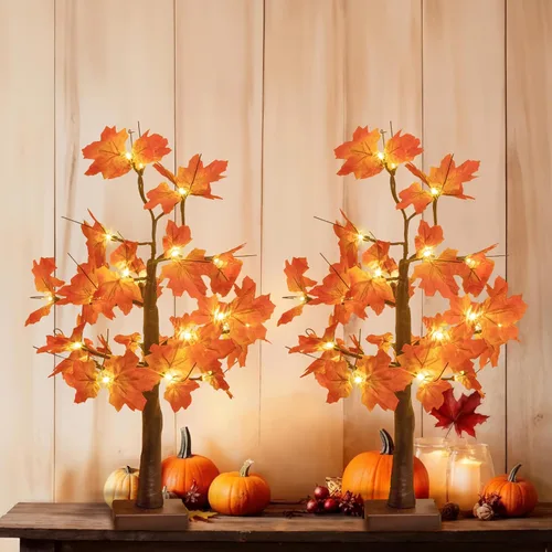 Vista 4 de Árbol de arce iluminado de otoño, 48 luces LED, funciona con USB / pilas, árbol de 24 pulgadas, centro de mesa de Acción de Gracias, decoración