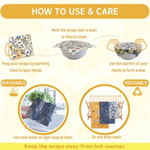Vista 10 de Envoltura de cera de abeja reutilizable, paquete de 9 envolturas para alimentos, envolturas ecológicas de cera de abeja con bolsa de malla