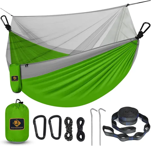 Vista 15 de Qevooon Hamaca de camping con red, hamacas ligeras portátiles de viaje con correas para árboles y mosquetones sólidos en forma de D, hamaca de Negro