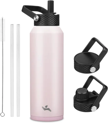 Vista 42 de Konokyo - Botella de agua aislada de 18 onzas, botellas deportivas de acero inoxidable con 3 tapas, verde militar