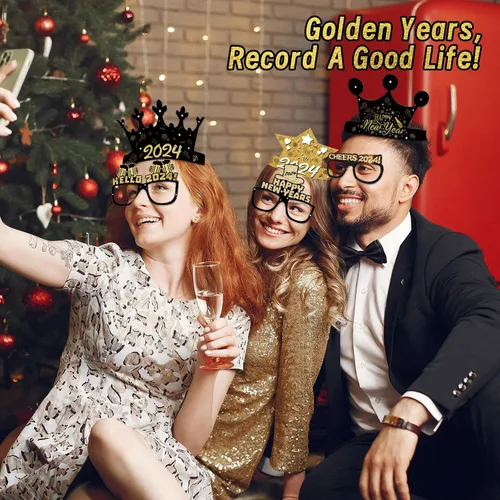 Vista 5 de 12PCS Happy New Year Eyeglasses,Headband Crown Party Favors Supplies Set Photo Propsfor 2024,Novel New Years Eve Celebration Glitter Paper Glasses