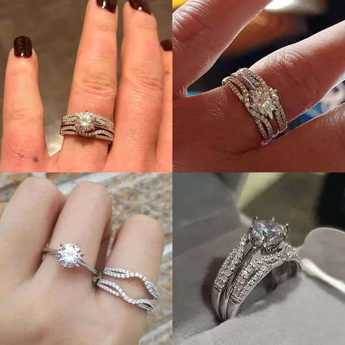 Vista 2 de Wuziwen Anillos de boda para mujer juego de anillos de compromiso redondos con circonita cúbica y solitario plata de ley talla 4-13 Piedra Zirconia