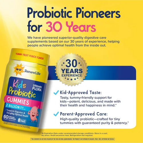 Vista 6 de Probiótico gominolas para flora Renew Life, probióticos para niños y adultos, 60 gominolas masticables