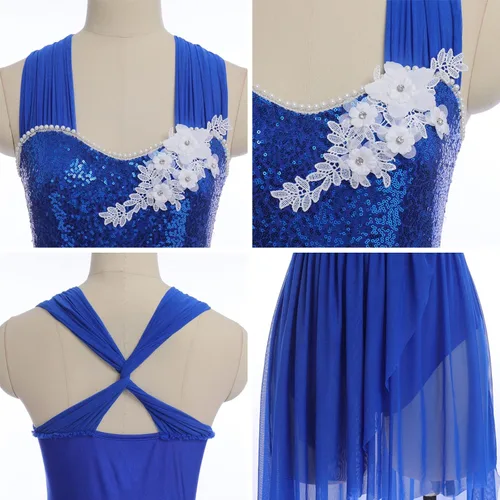 Vista 3 de IBAKOM Disfraces de danza lírica para mujer, lentejuelas brillantes, vestido de baile contemporáneo, disfraz de baile de salón para adultos