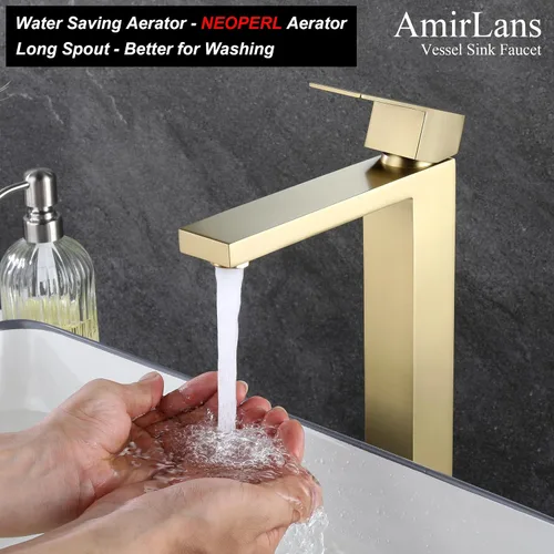 Vista 4 de llave de fregadero dorado cepillado, grifo de baño dorado de un solo agujero, grifo de fregadero de una sola manija alto con desagüe desplegable