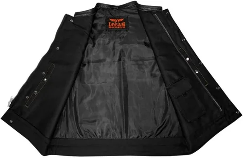 Vista 6 de GARGOYLE BELLS Chaleco de moto de mezclilla y cuero para hombre con bolsillos para pistola SOA Biker Club Chaleco con acolchado de diamante