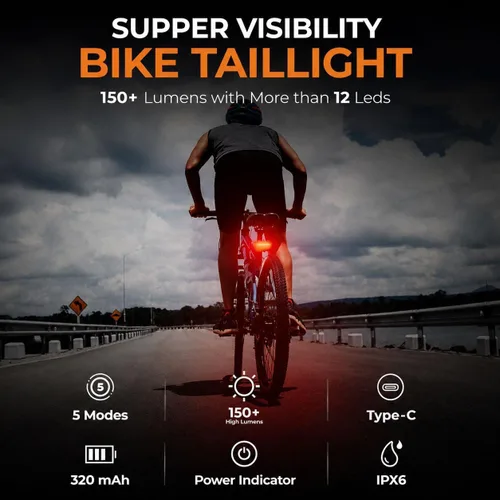 Vista 6 de luz trasera recargable para bicicleta de 150 lúmenes, luz trasera impermeable IPX6 para bicicleta, linterna de seguridad visible de 220°, 5 modos